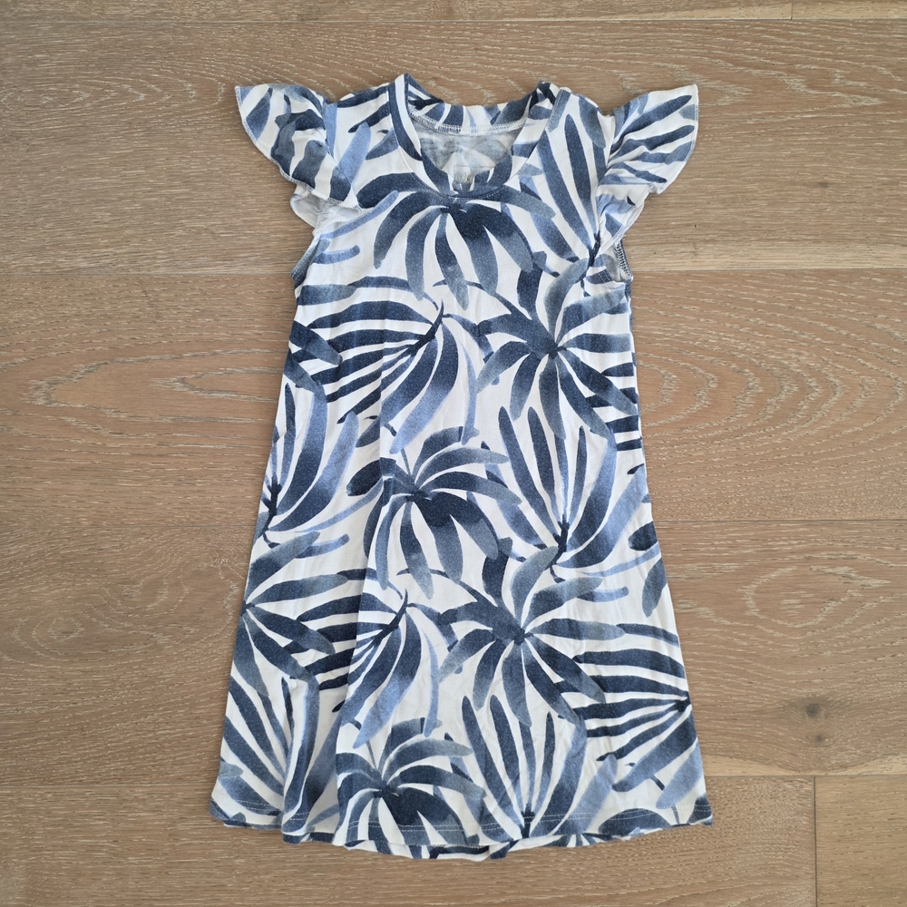 Blue and White Leaf Pattern Kids Dress